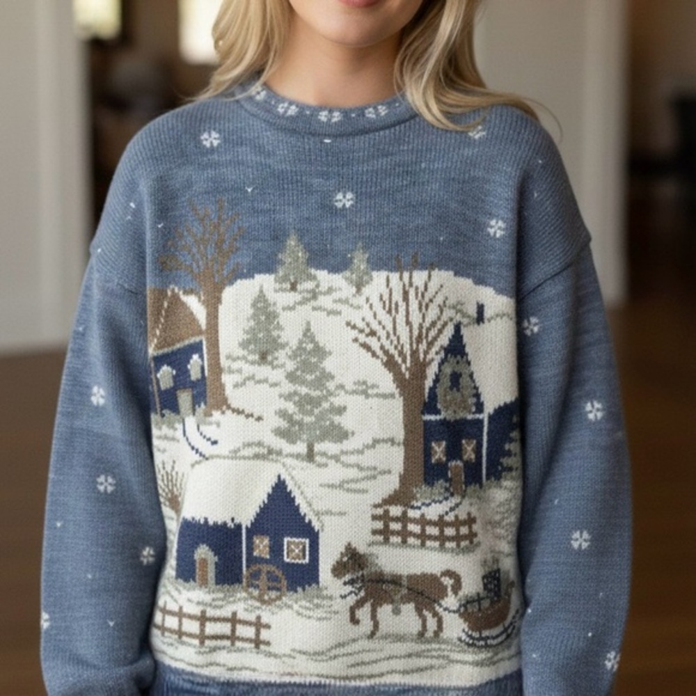 Vintage Nutcracker Christmas Sweater Medium Blue Cabin Sleigh Ride Horse Scene